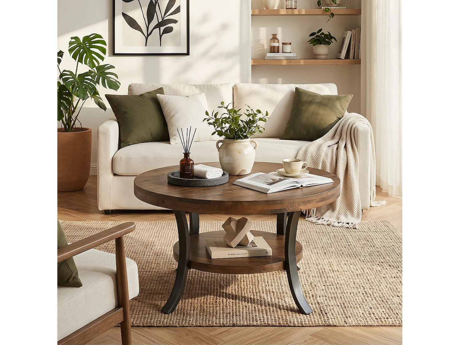 Table basse ronde en bois massif de 80 cm avec étagère de rangement, style ferme, pour salon, 2 niveaux