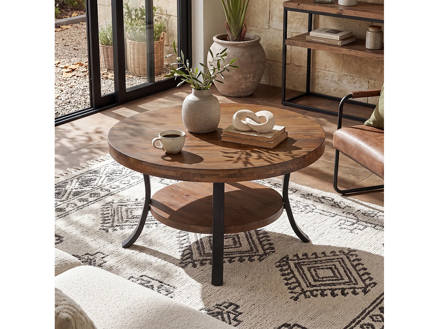 Table basse ronde en bois massif de 80 cm avec étagère de rangement, style ferme, pour salon, 2 niveaux