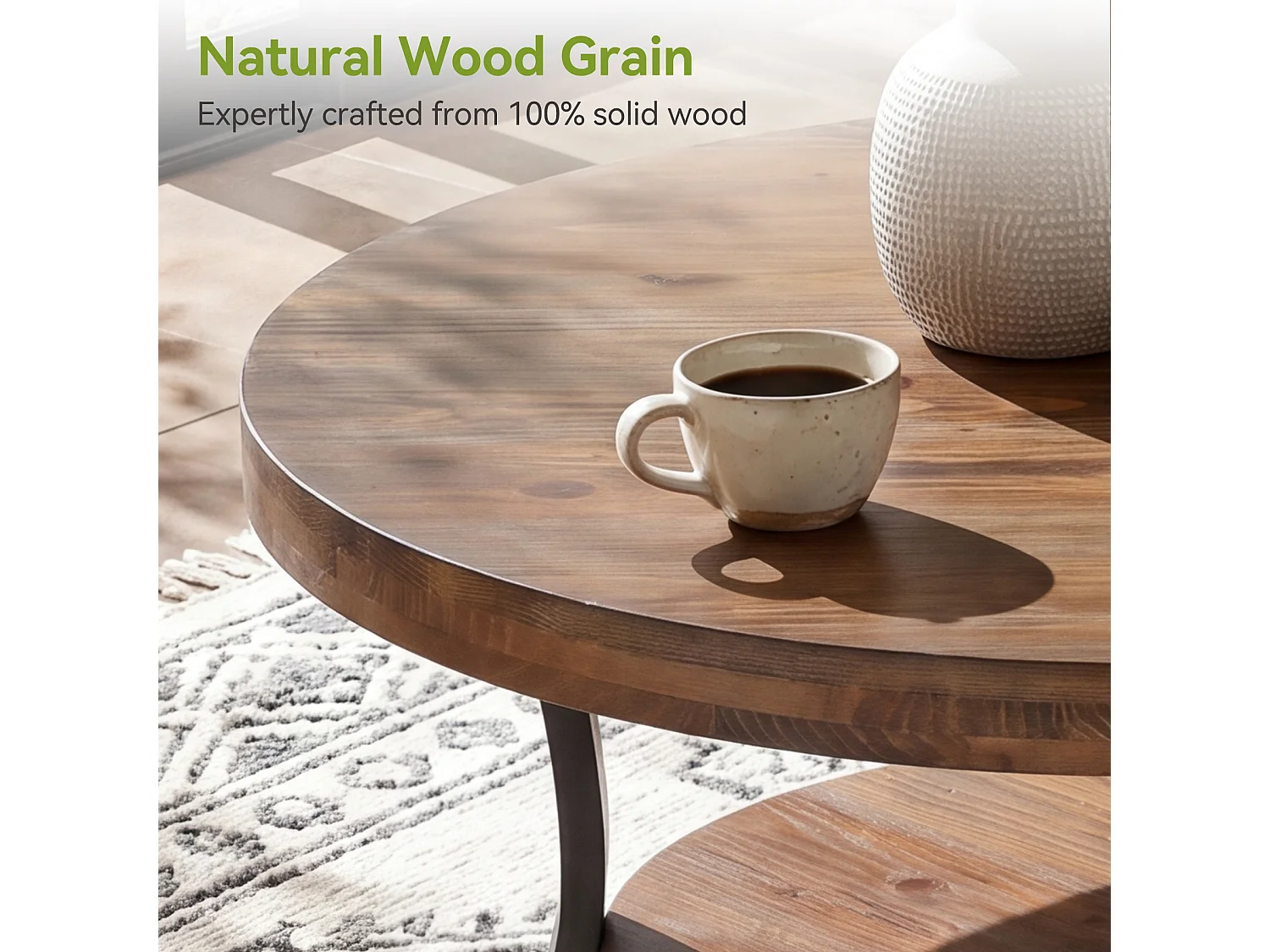 Table basse ronde en bois massif de 80 cm avec étagère de rangement, style ferme, pour salon, 2 niveaux