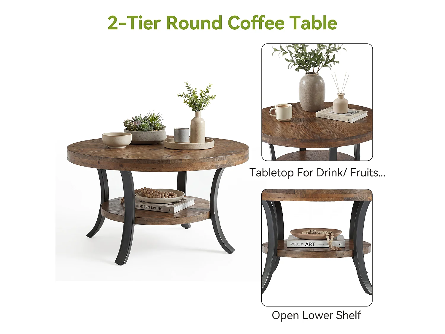Table basse ronde en bois massif de 80 cm avec étagère de rangement, style ferme, pour salon, 2 niveaux