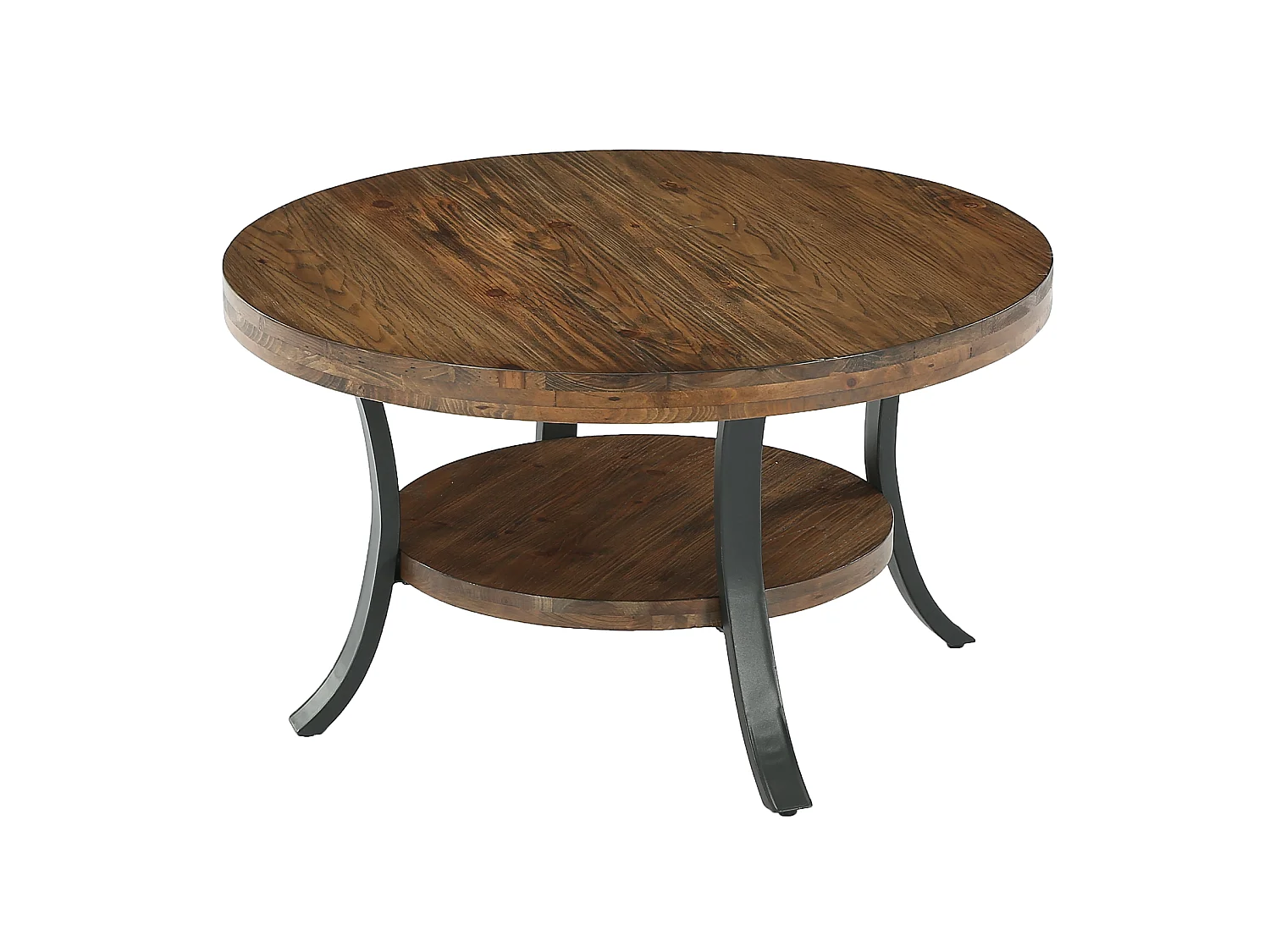 Table basse ronde en bois massif de 80 cm avec étagère de rangement, style ferme, pour salon, 2 niveaux