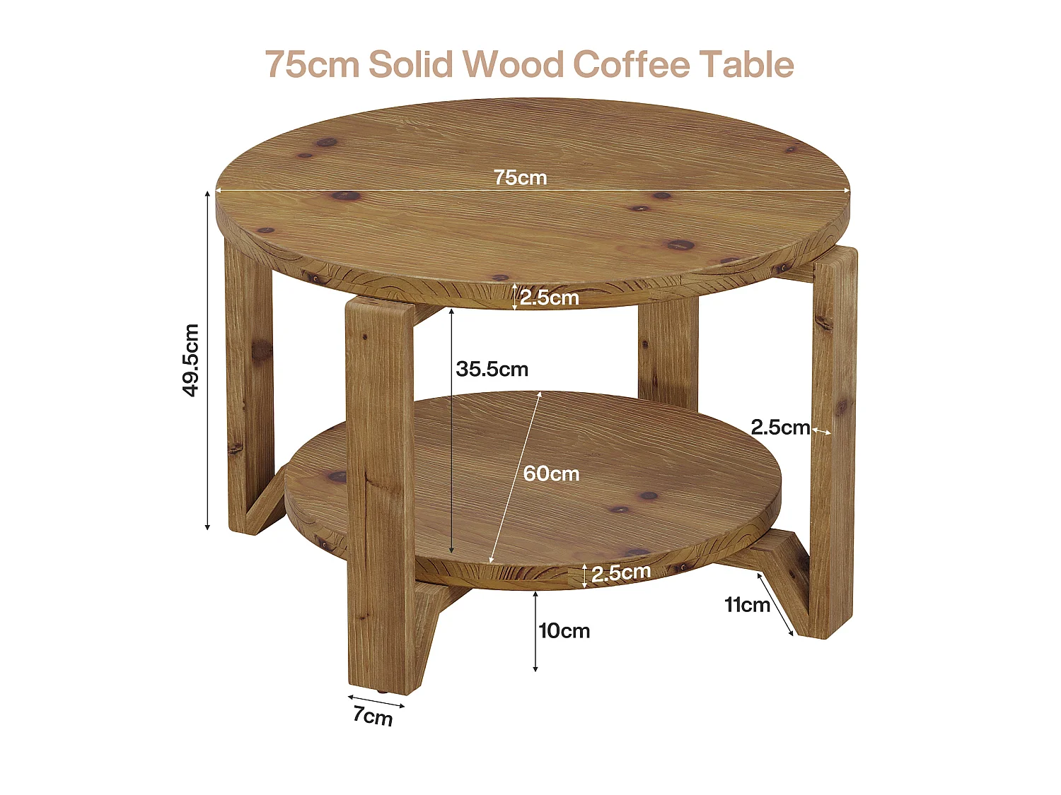 Table basse ronde en bois massif de 80 cm, avec rangement à 2 niveaux pour le salon