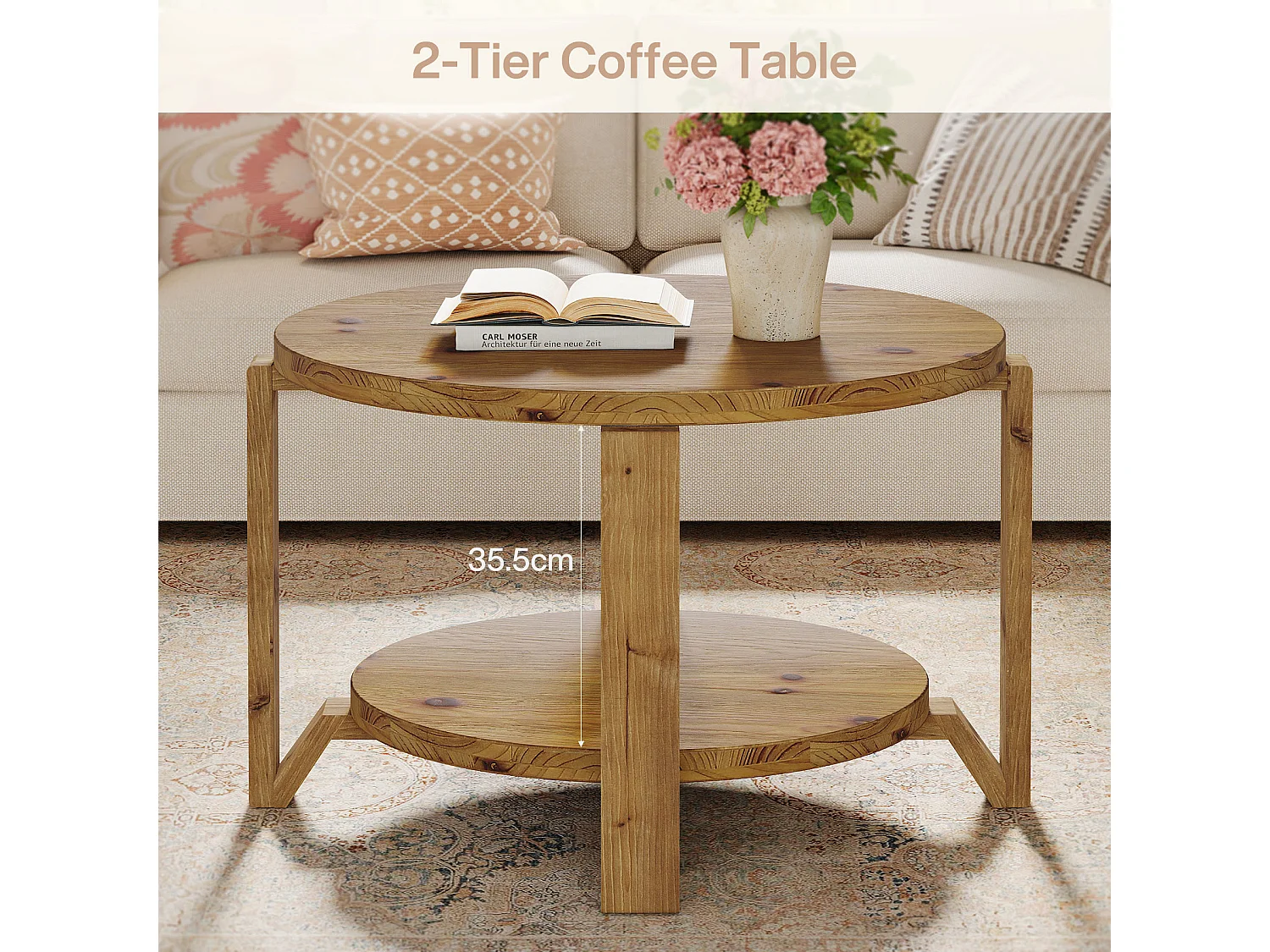 Table basse ronde en bois massif de 80 cm, avec rangement à 2 niveaux pour le salon