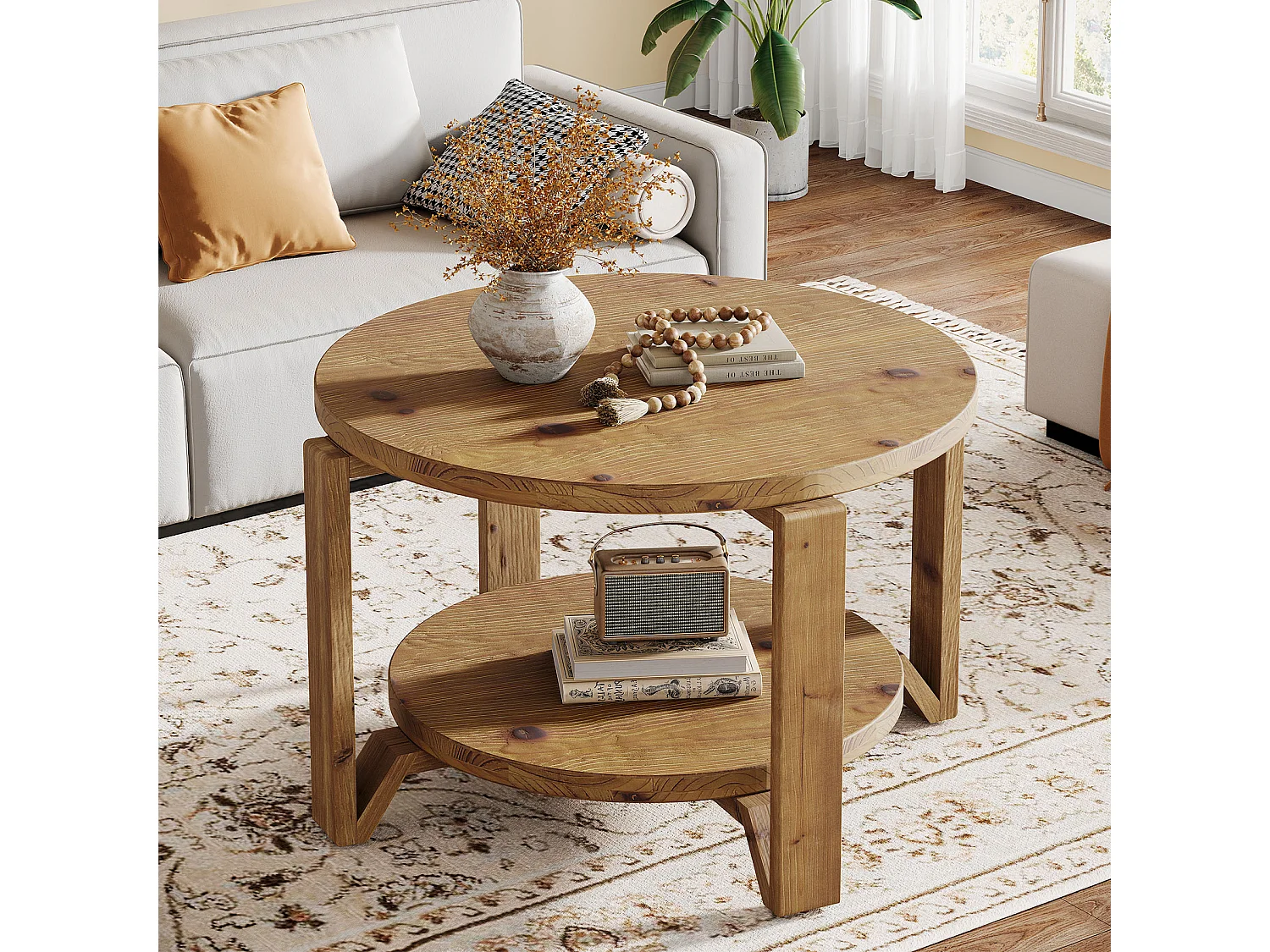 Table basse ronde en bois massif de 80 cm, avec rangement à 2 niveaux pour le salon