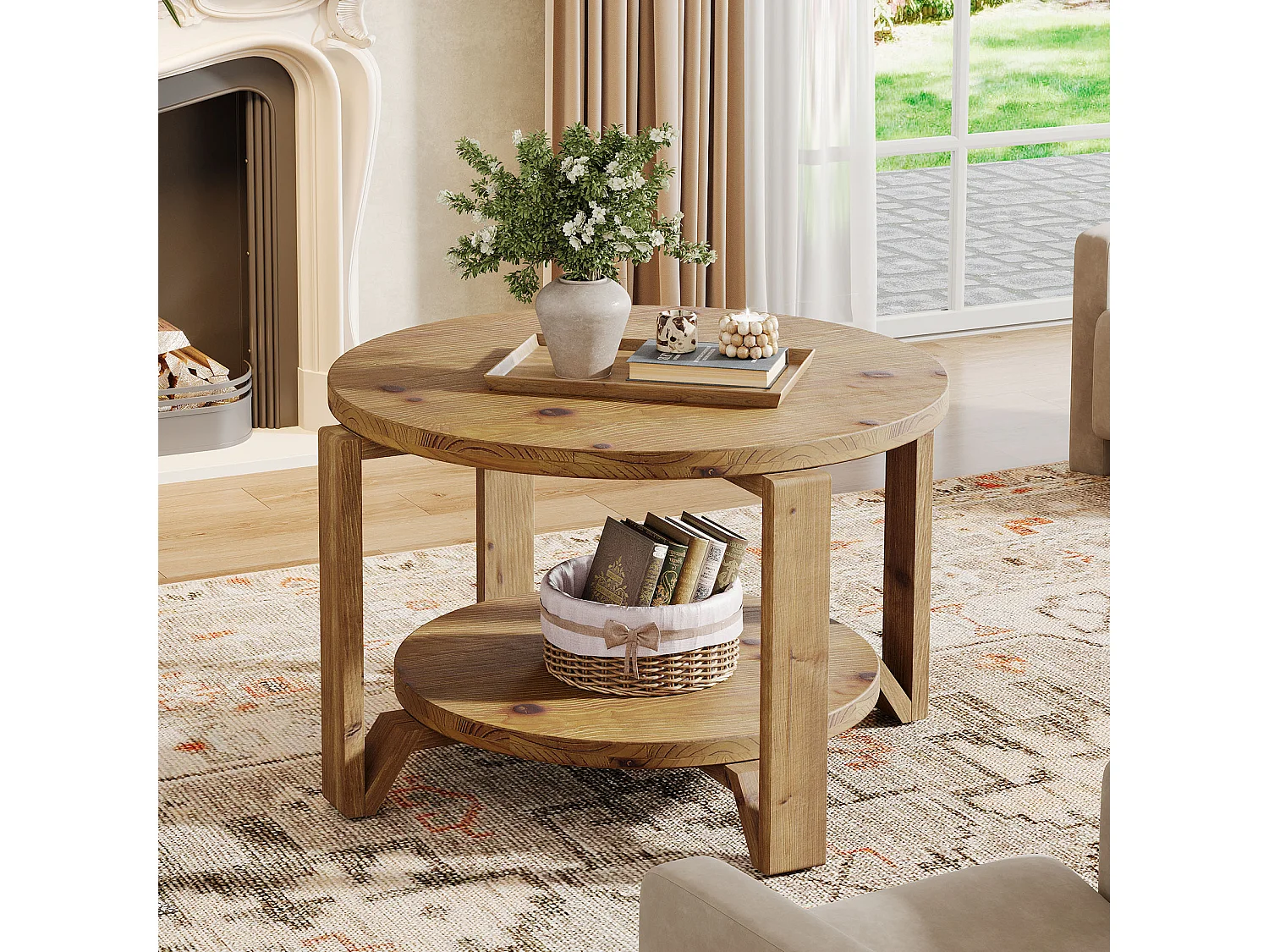 Table basse ronde en bois massif de 80 cm, avec rangement à 2 niveaux pour le salon