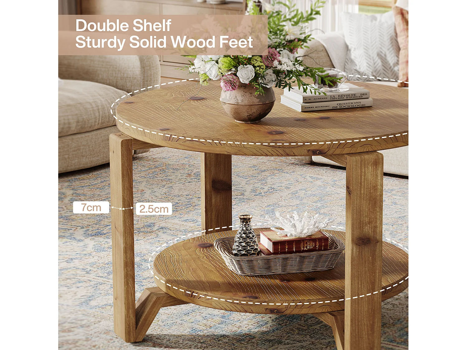 Table basse ronde en bois massif de 80 cm, avec rangement à 2 niveaux pour le salon