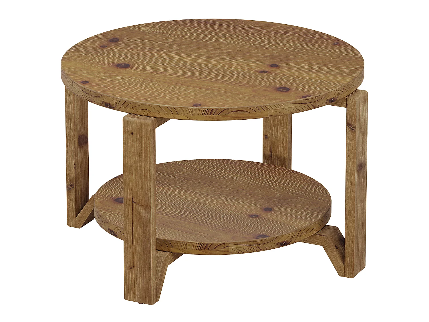 Table basse ronde en bois massif de 80 cm, avec rangement à 2 niveaux pour le salon