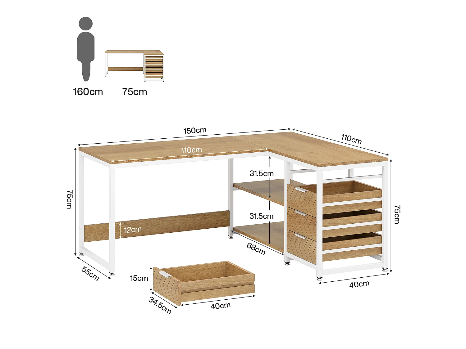 Bureau d'ordinateur en forme de L avec tiroirs de rangement, bureau réversible en forme de L, table de travail pour étudier et écrire, chêne brun