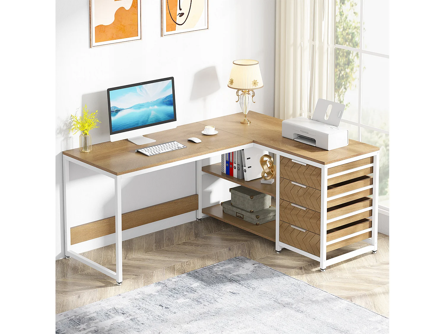 Bureau d'ordinateur en forme de L avec tiroirs de rangement, bureau réversible en forme de L, table de travail pour étudier et écrire, chêne brun