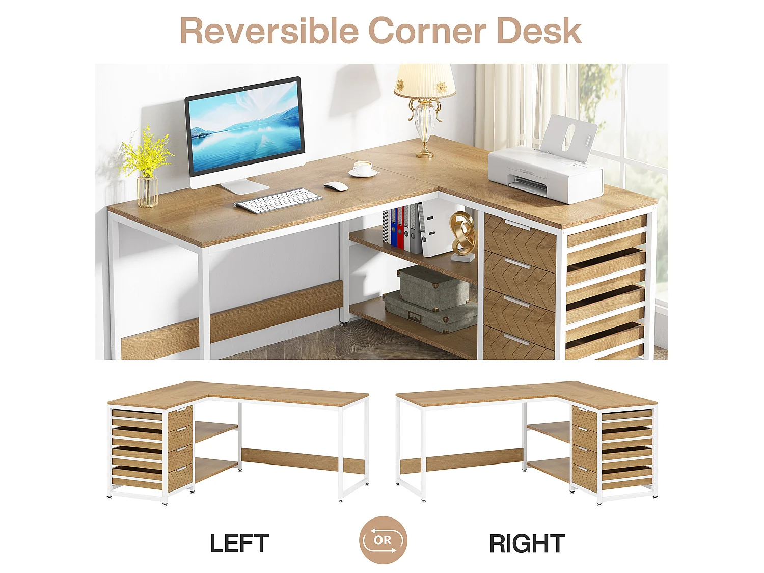 Bureau d'ordinateur en forme de L avec tiroirs de rangement, bureau réversible en forme de L, table de travail pour étudier et écrire, chêne brun