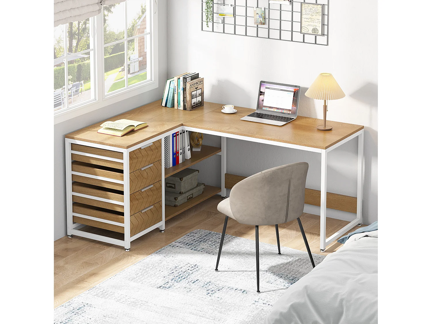 Bureau d'ordinateur en forme de L avec tiroirs de rangement, bureau réversible en forme de L, table de travail pour étudier et écrire, chêne brun