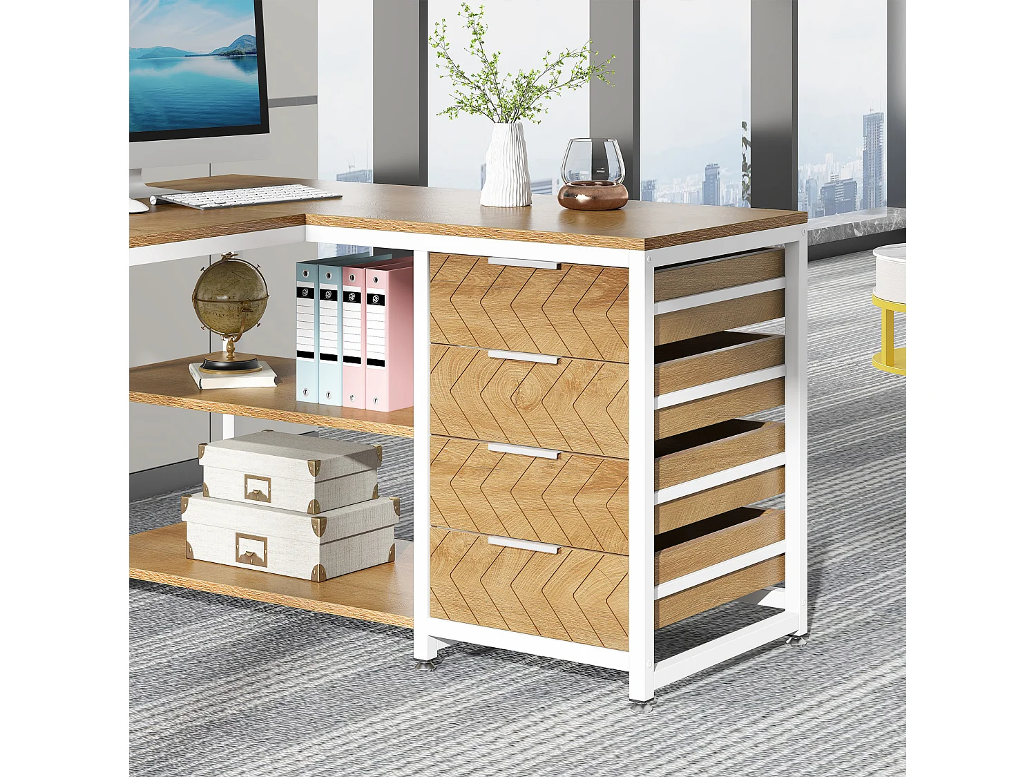 Bureau d'ordinateur en forme de L avec tiroirs de rangement, bureau réversible en forme de L, table de travail pour étudier et écrire, chêne brun