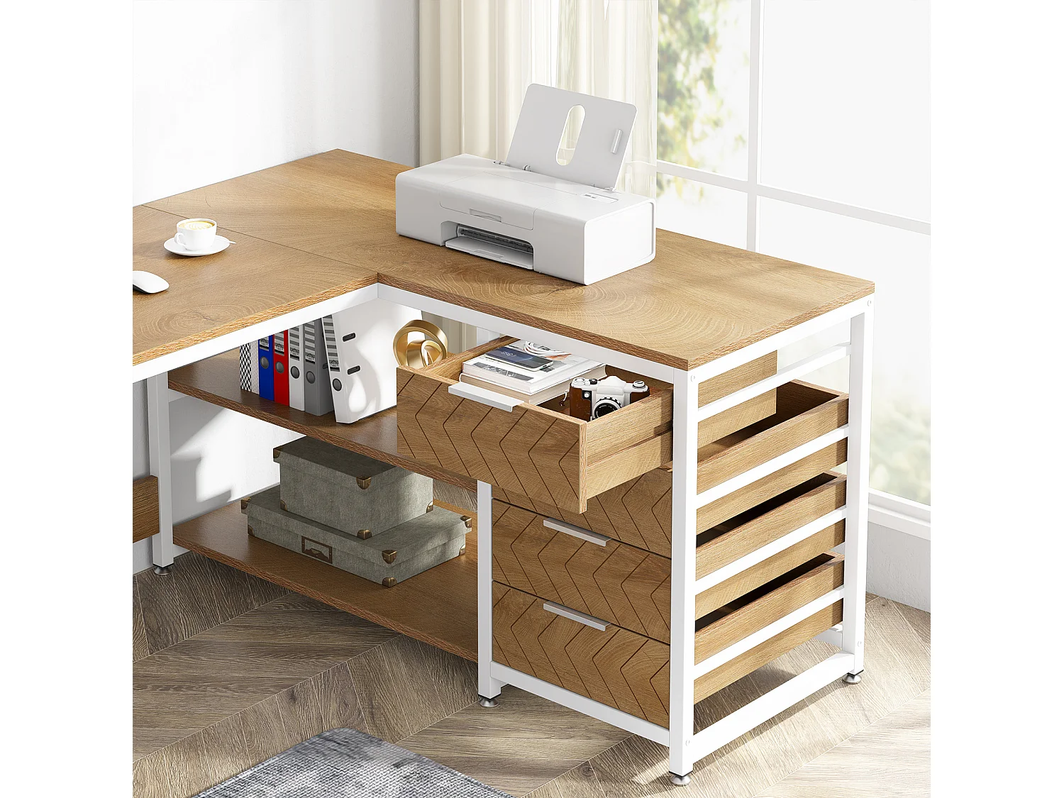 Bureau d'ordinateur en forme de L avec tiroirs de rangement, bureau réversible en forme de L, table de travail pour étudier et écrire, chêne brun