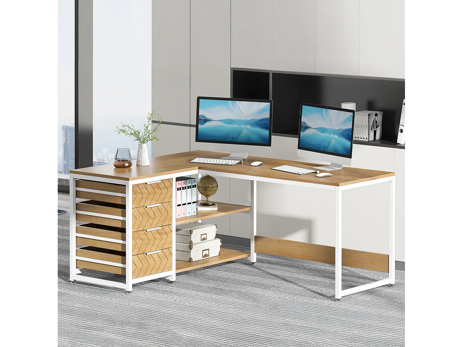 Bureau d'ordinateur en forme de L avec tiroirs de rangement, bureau réversible en forme de L, table de travail pour étudier et écrire, chêne brun
