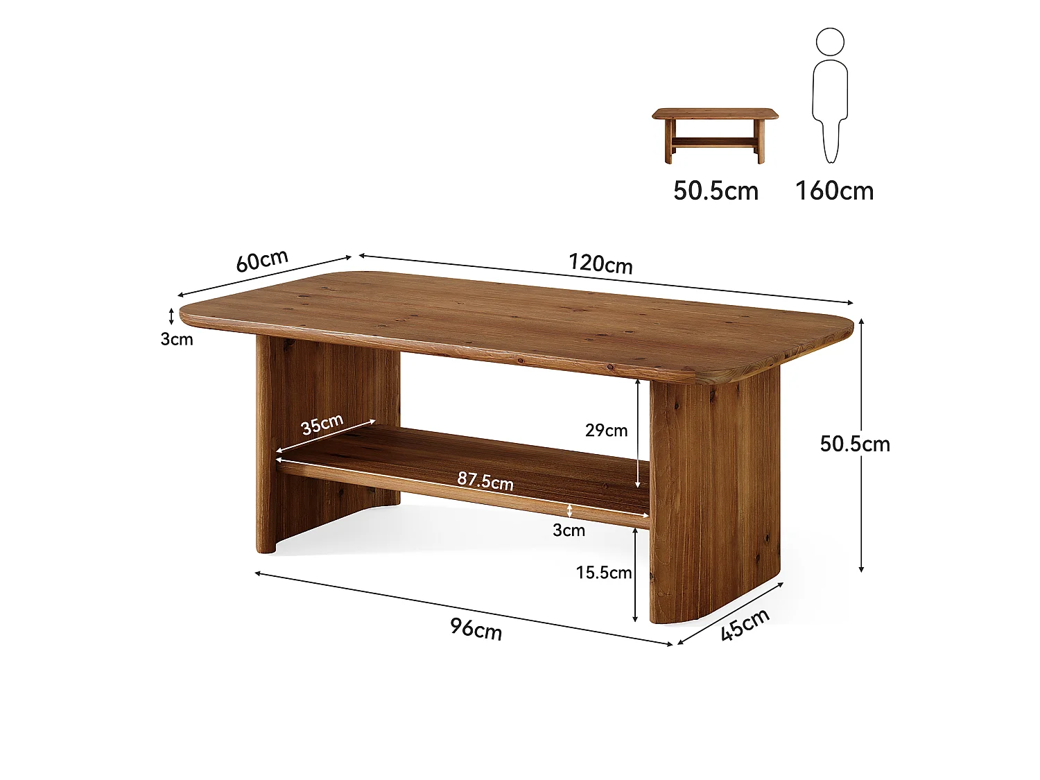 Table basse rectangulaire de 120 cm en bois massif avec étagère de rangement