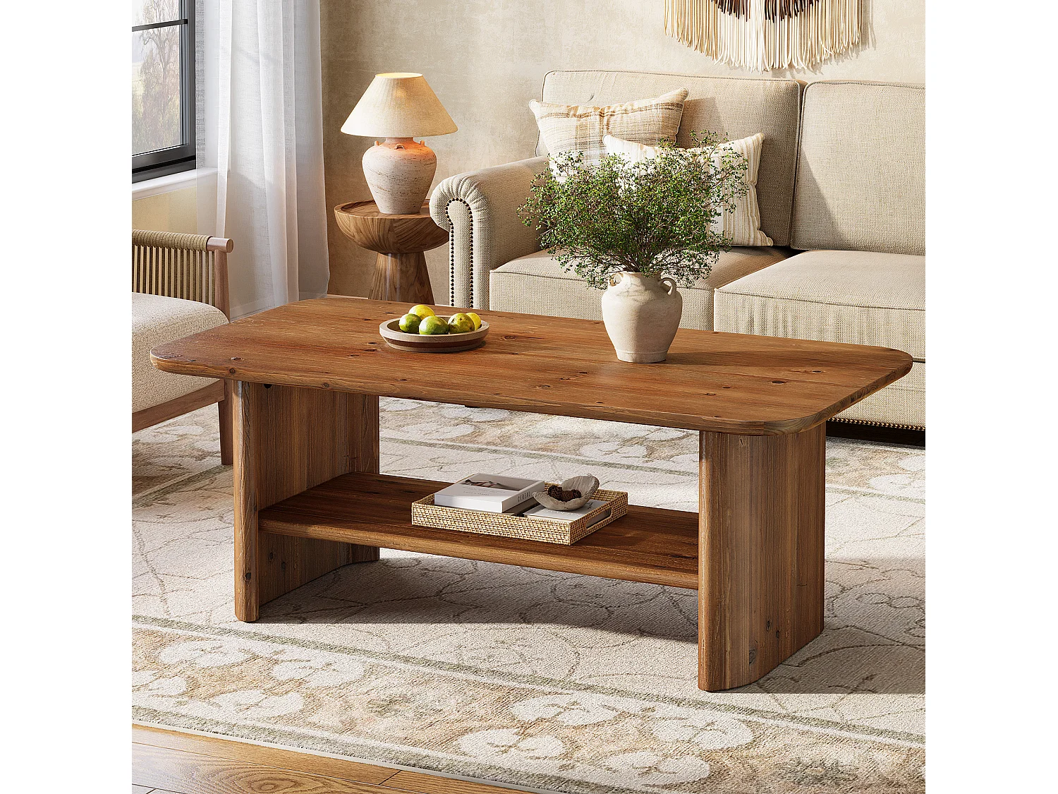 Table basse rectangulaire de 120 cm en bois massif avec étagère de rangement