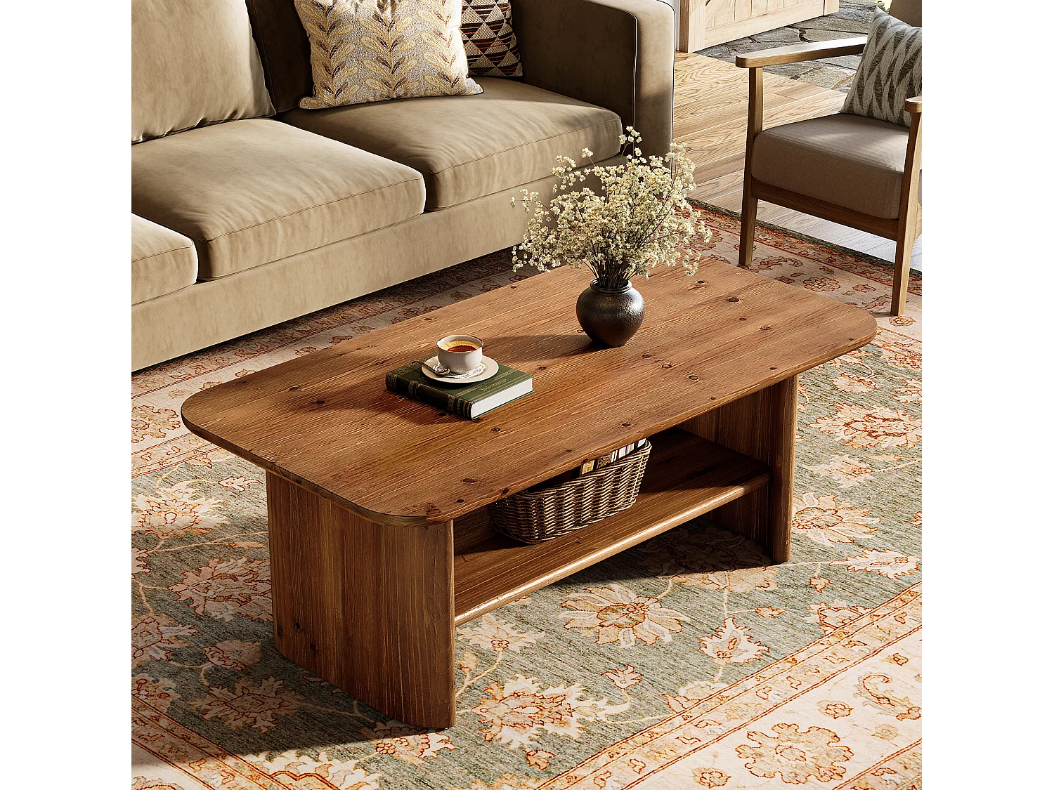 Table basse rectangulaire de 120 cm en bois massif avec étagère de rangement