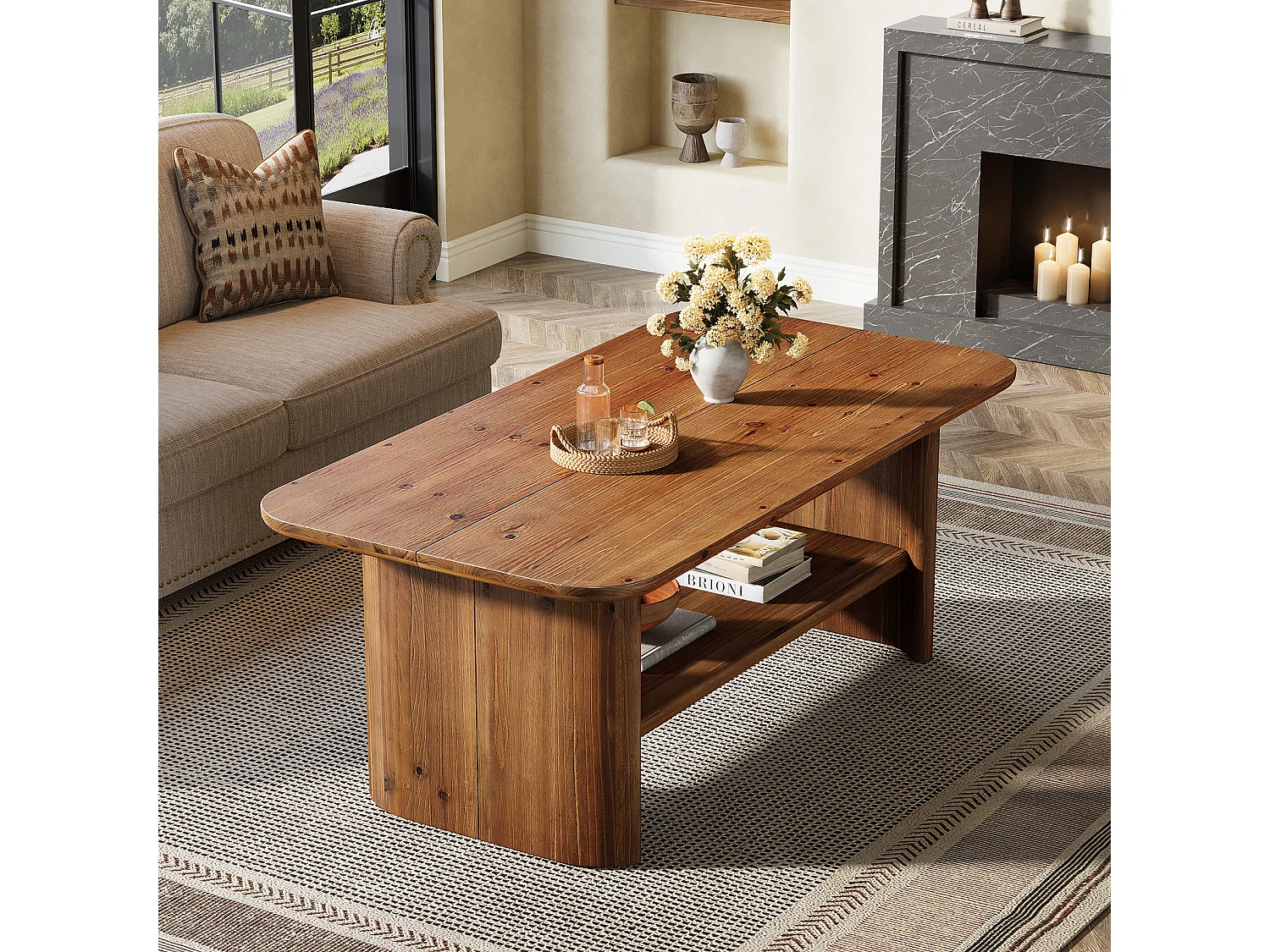 Table basse rectangulaire de 120 cm en bois massif avec étagère de rangement