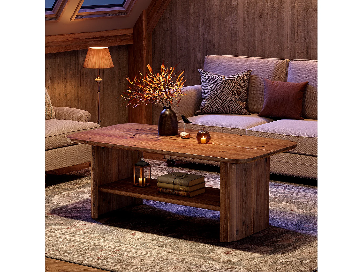 Table basse rectangulaire de 120 cm en bois massif avec étagère de rangement