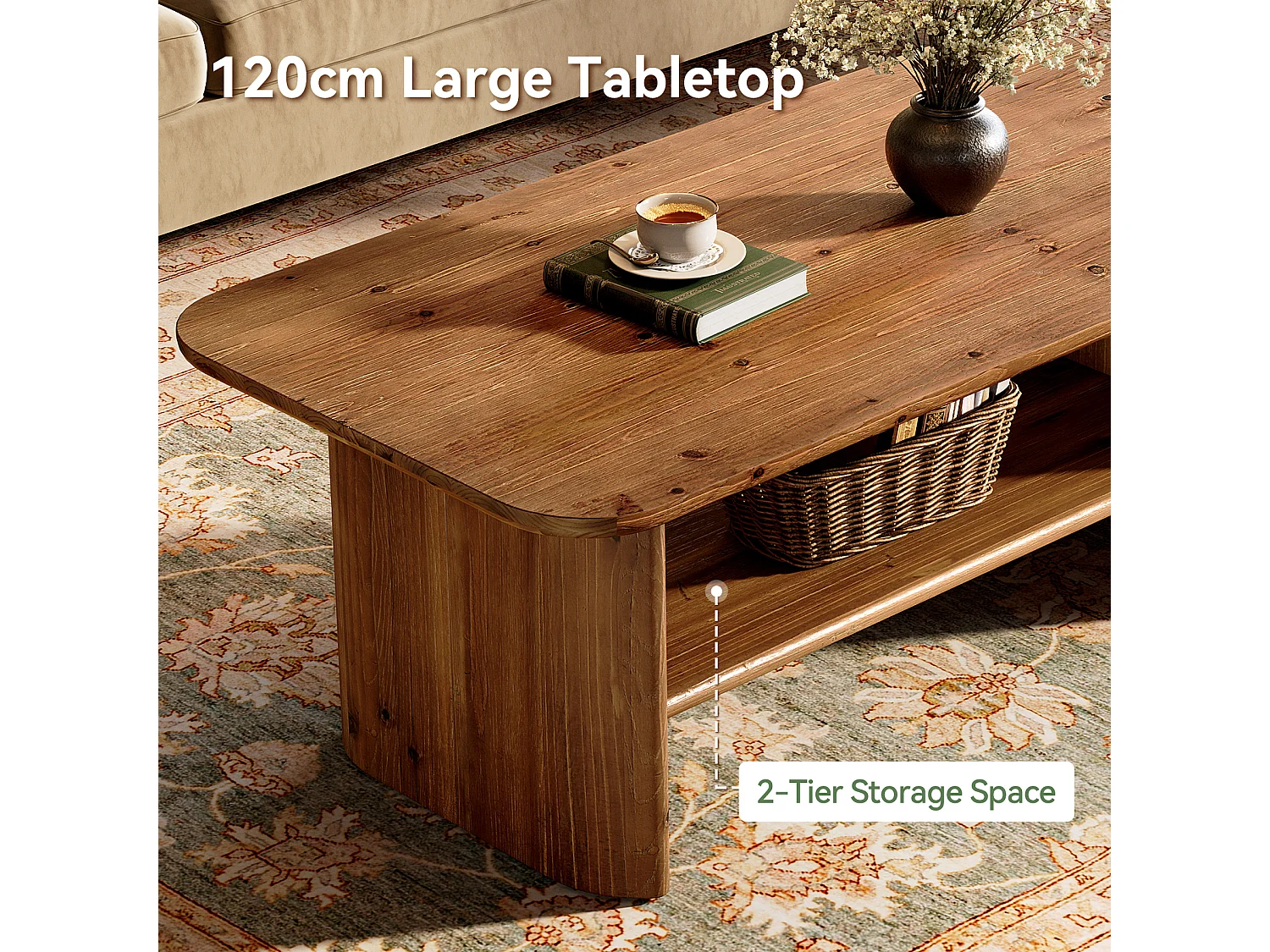 Table basse rectangulaire de 120 cm en bois massif avec étagère de rangement