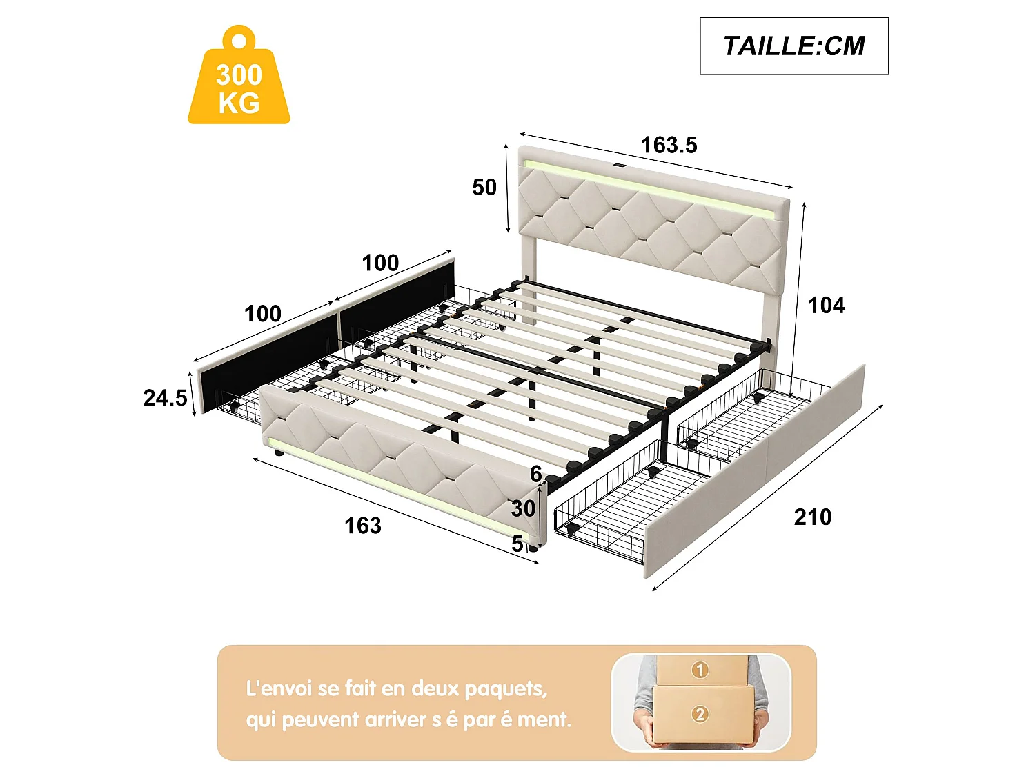 Lit double 160x200 cm beige avec tiroirs de rangement, tête de lit rembourrée, cadre de lit capitonné avec LED intégrée et ports USB
