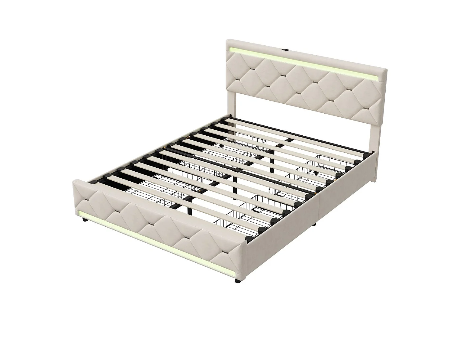 Lit double 160x200 cm beige avec tiroirs de rangement, tête de lit rembourrée, cadre de lit capitonné avec LED intégrée et ports USB