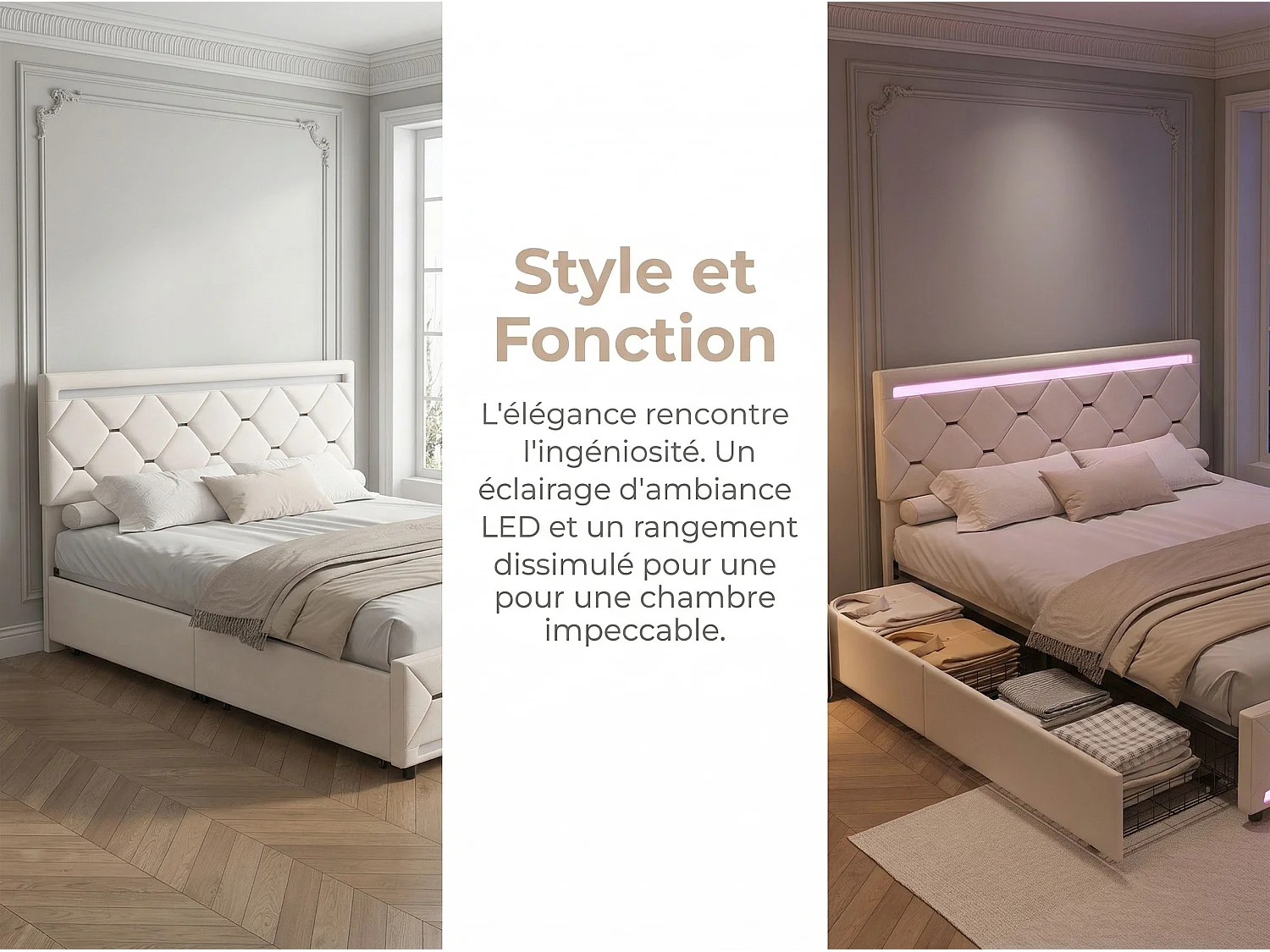 Lit double 160x200 cm beige avec tiroirs de rangement, tête de lit rembourrée, cadre de lit capitonné avec LED intégrée et ports USB