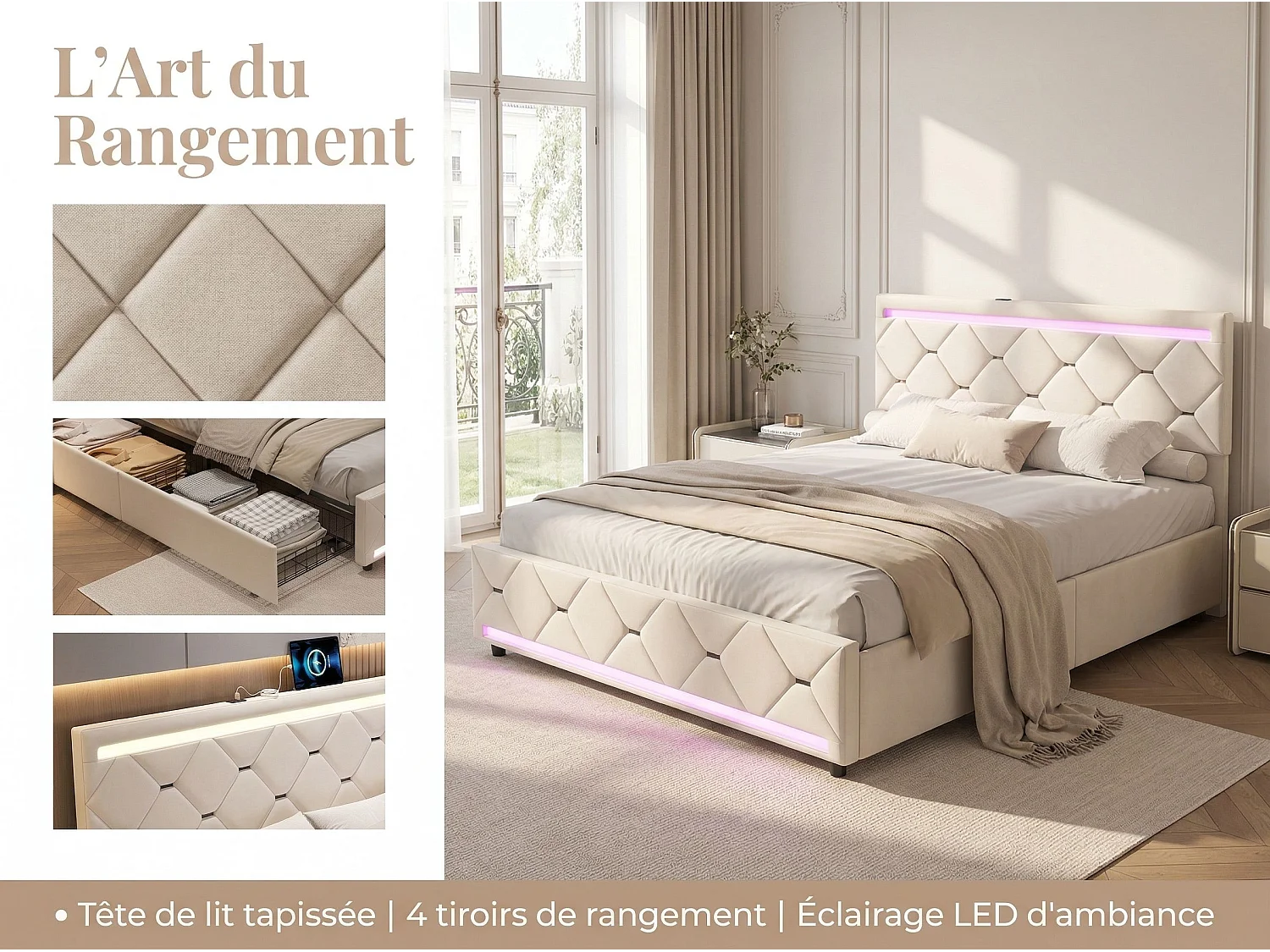 Lit double 160x200 cm beige avec tiroirs de rangement, tête de lit rembourrée, cadre de lit capitonné avec LED intégrée et ports USB