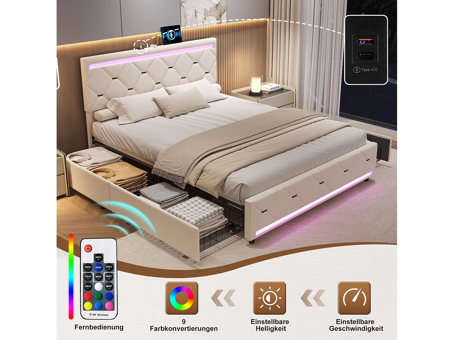 Lit double 160x200 cm beige avec tiroirs de rangement, tête de lit rembourrée, cadre de lit capitonné avec LED intégrée et ports USB