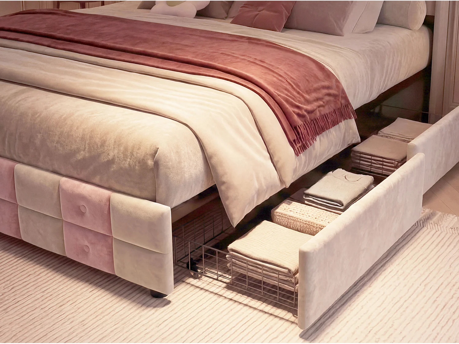 Lit double capitonné 140 x 200 cm - avec tiroirs de rangement - éclairage LED intégré - port USB - velours