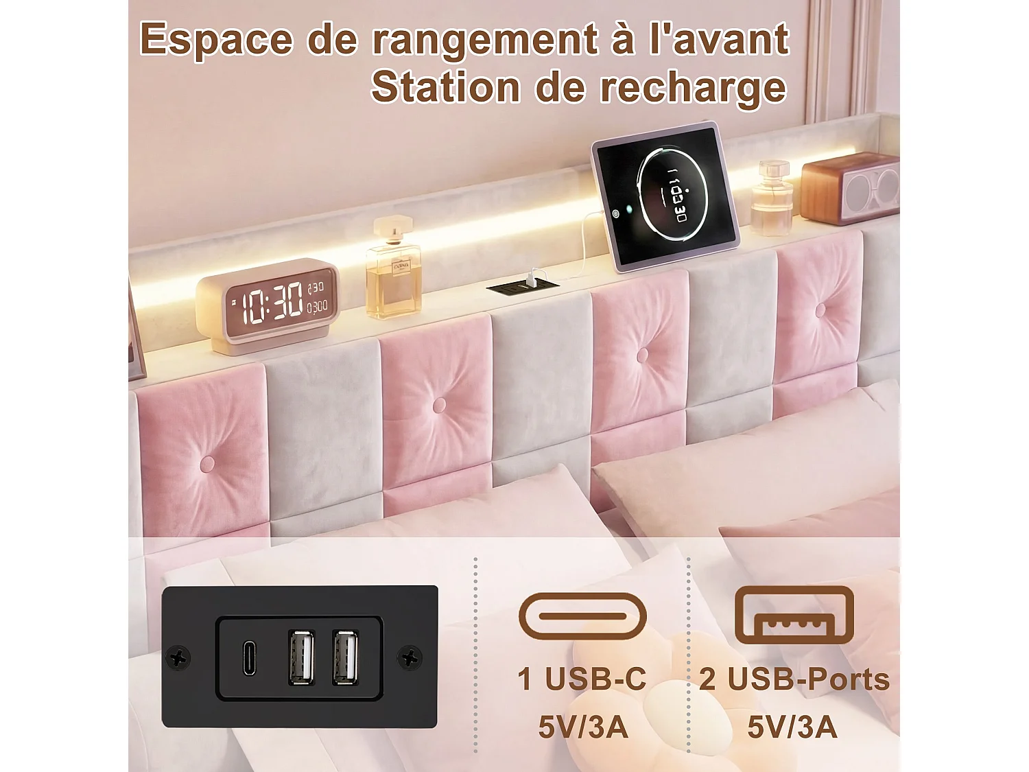 Lit double capitonné 140 x 200 cm - avec tiroirs de rangement - éclairage LED intégré - port USB - velours