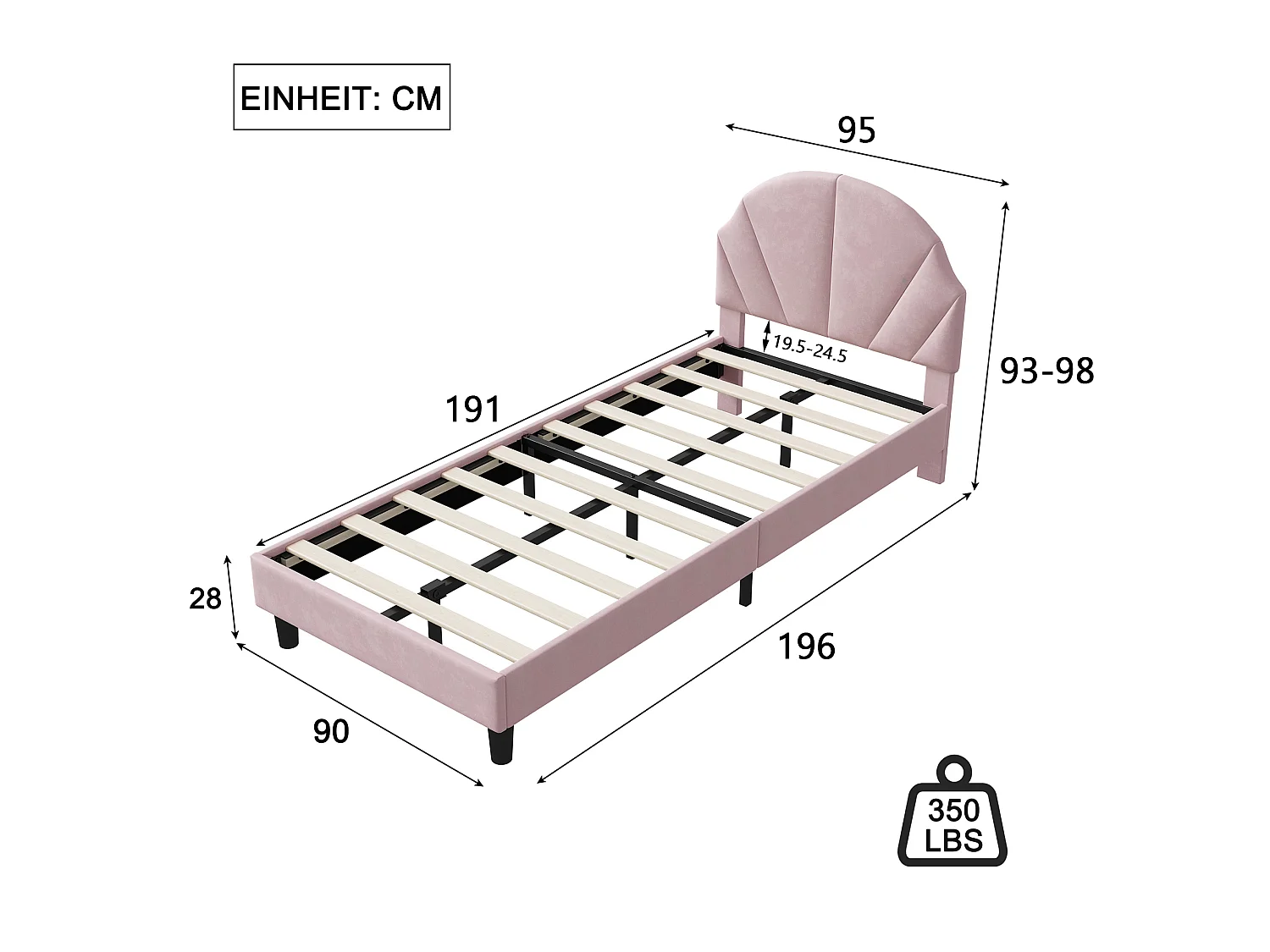 Lit enfant en velours - 90 x 190 cm - tête de lit coquillage rembourrée - Rose