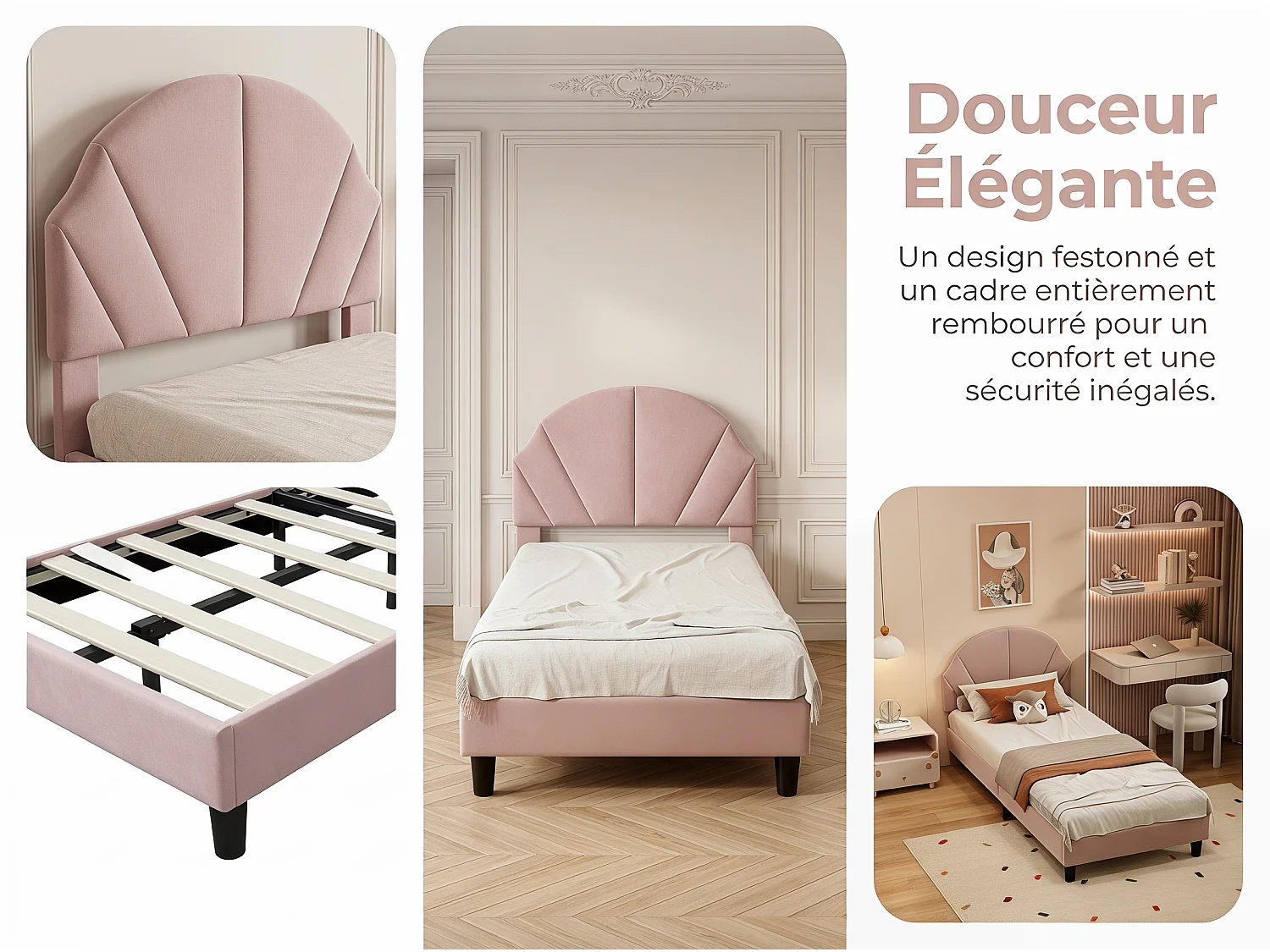 Lit enfant en velours - 90 x 190 cm - tête de lit coquillage rembourrée - Rose