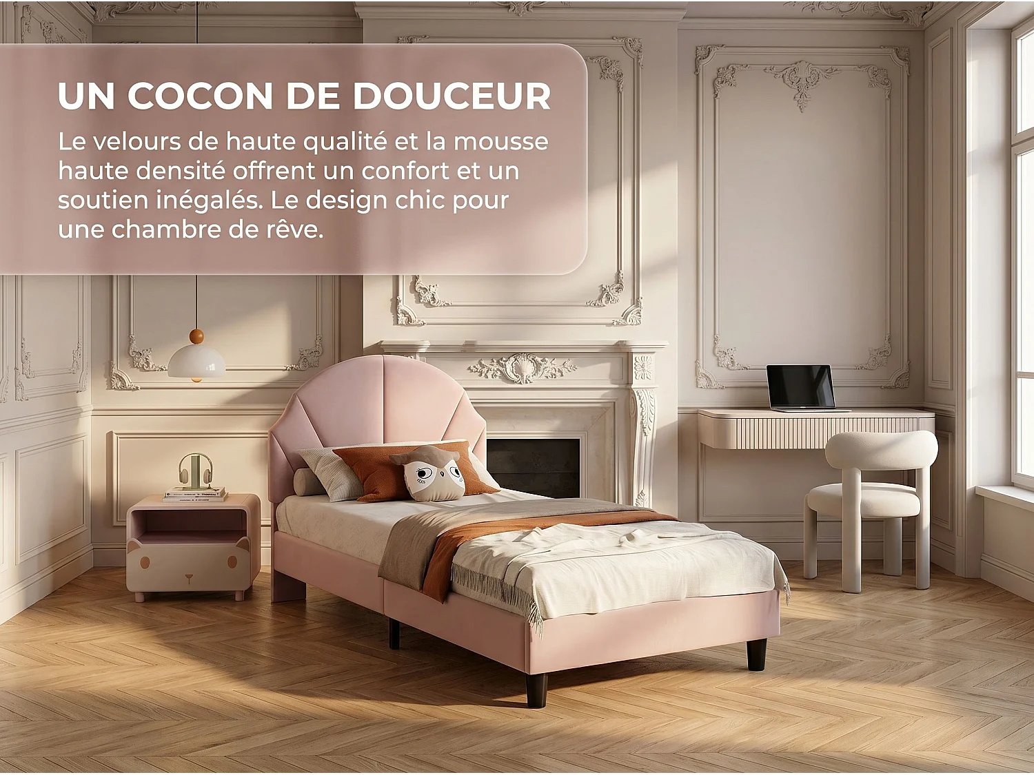 Lit enfant en velours - 90 x 190 cm - tête de lit coquillage rembourrée - Rose