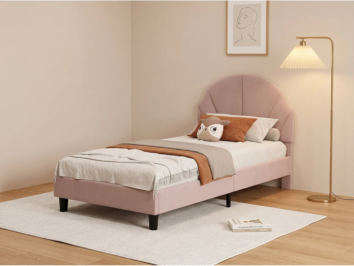 Lit enfant en velours - 90 x 190 cm - tête de lit coquillage rembourrée - Rose