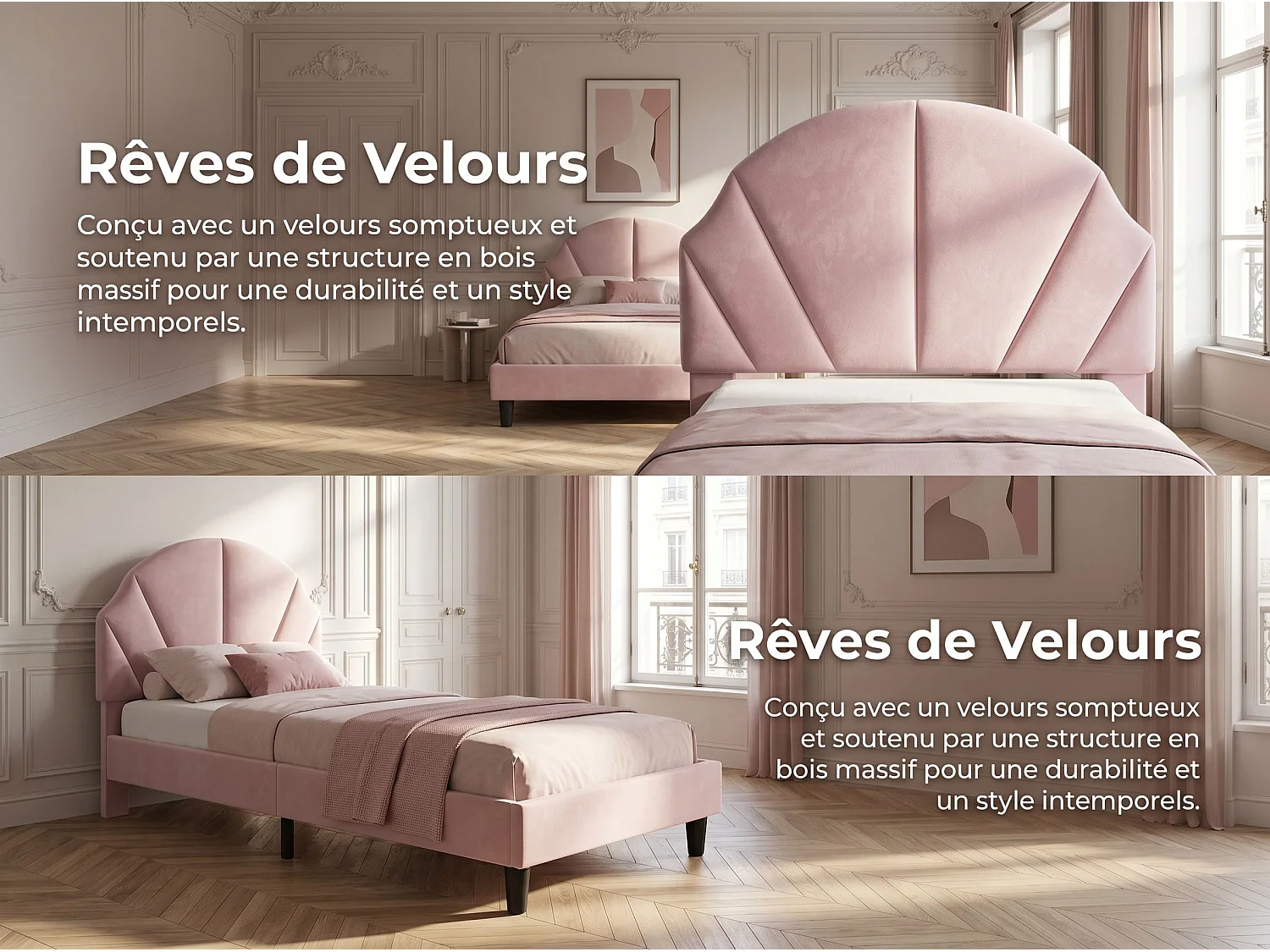 Lit enfant en velours - 90 x 190 cm - tête de lit coquillage rembourrée - Rose