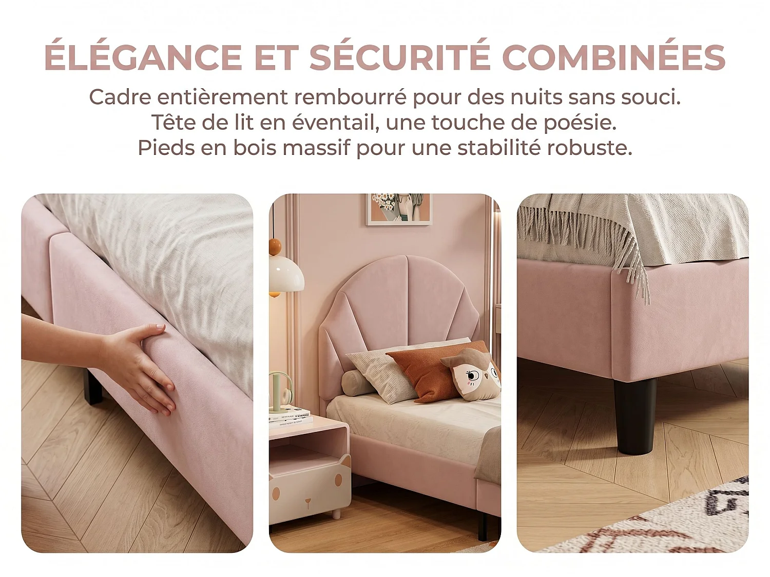 Lit enfant en velours - 90 x 190 cm - tête de lit coquillage rembourrée - Rose