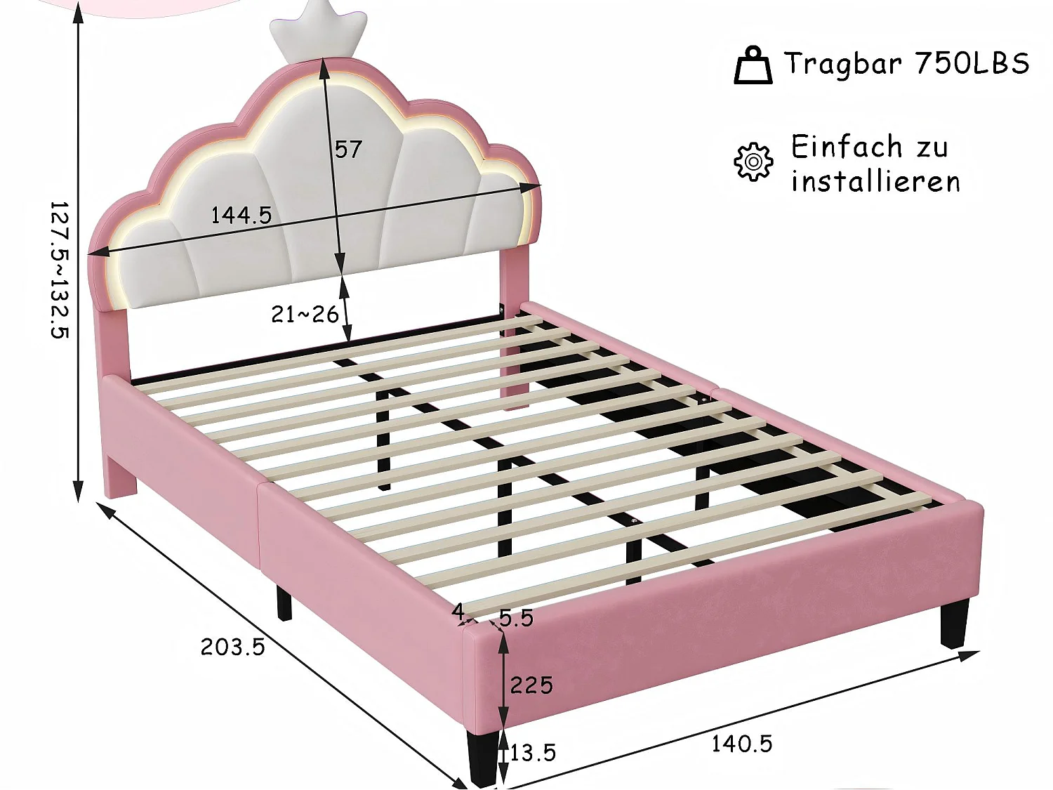 Lit double 140x200 cm rose avec tête de lit rembourrée nuage, cadre de lit capitonné en velours, lit adulte avec dossier doux