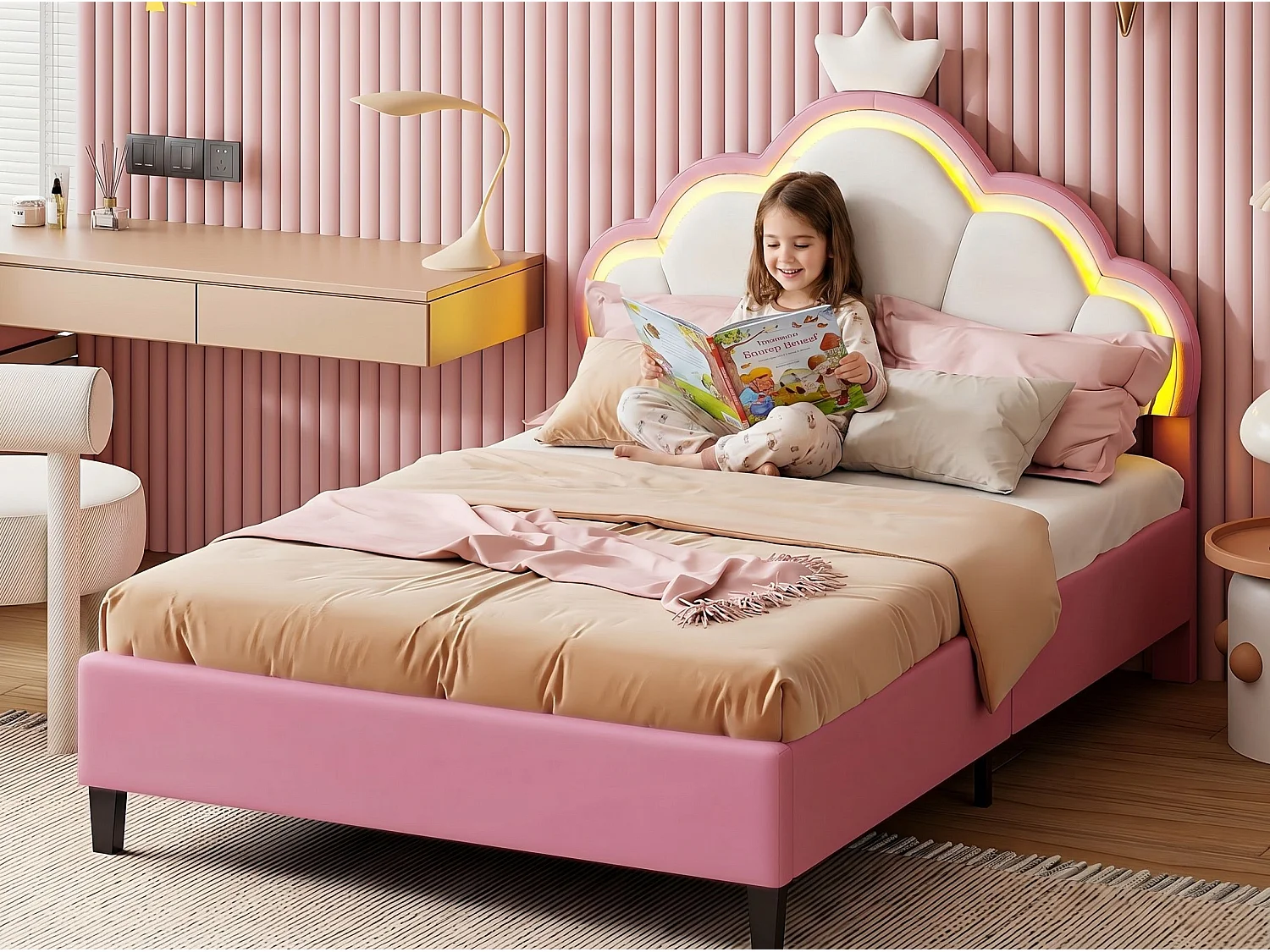 Lit double 140x200 cm rose avec tête de lit rembourrée nuage, cadre de lit capitonné en velours, lit adulte avec dossier doux