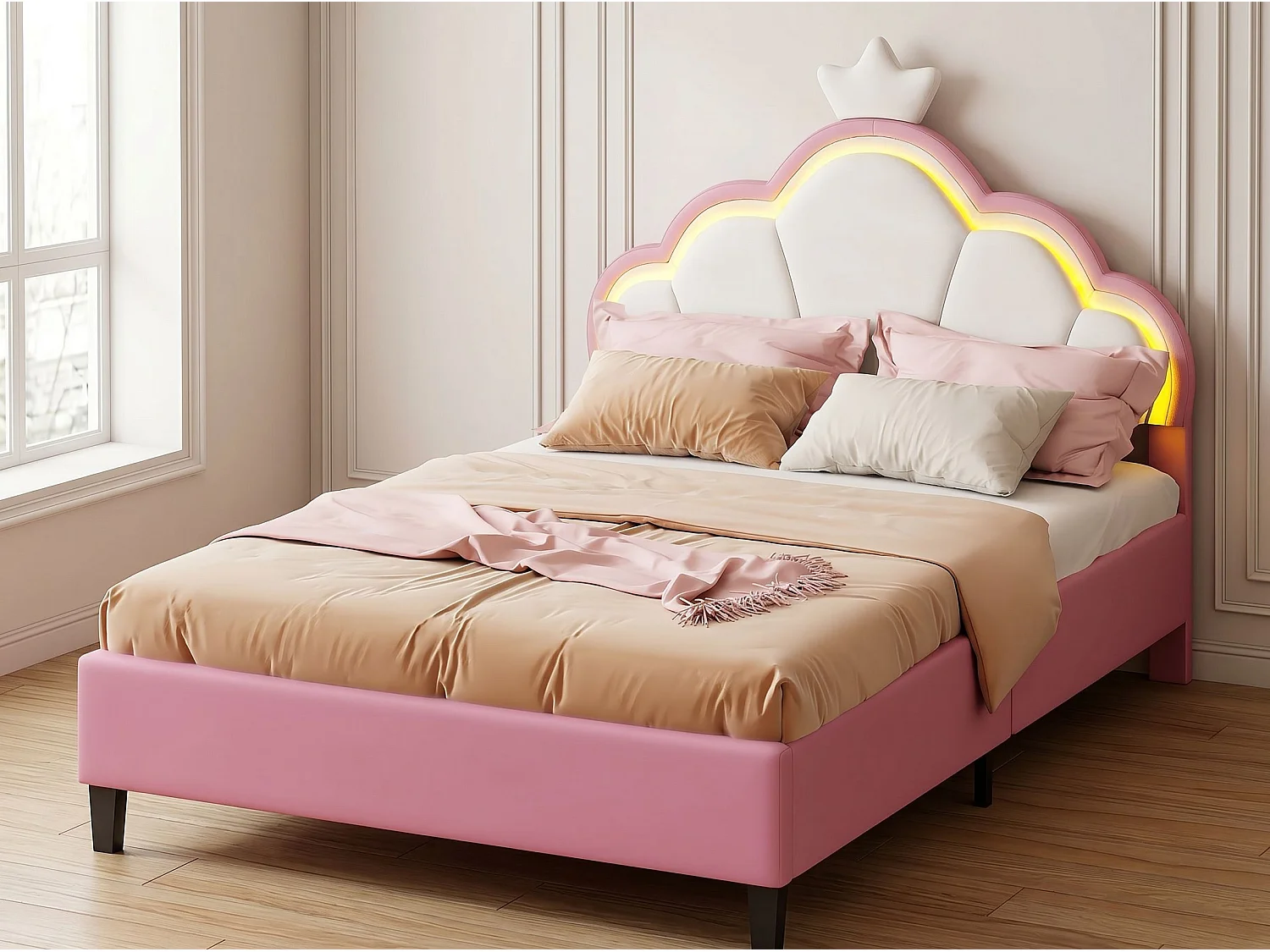 Lit double 140x200 cm rose avec tête de lit rembourrée nuage, cadre de lit capitonné en velours, lit adulte avec dossier doux
