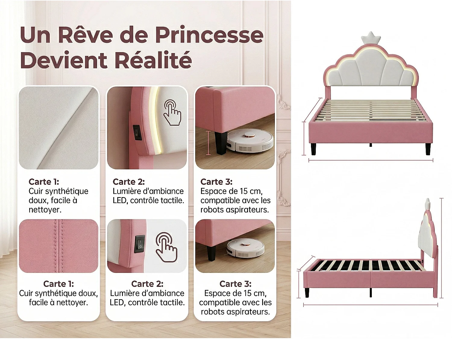 Lit double 140x200 cm rose avec tête de lit rembourrée nuage, cadre de lit capitonné en velours, lit adulte avec dossier doux