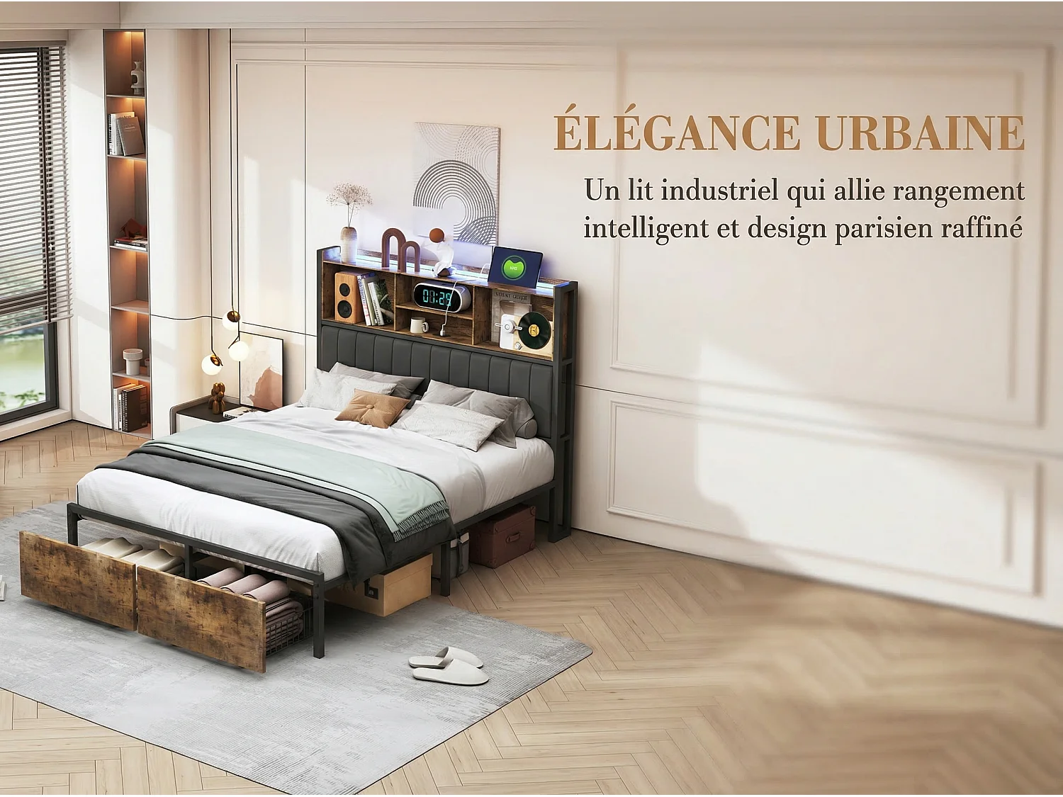 Lit coffre 140x200 cm noir, lit double avec sommier à lattes et tiroirs de rangement, tête de lit avec prise USB et étagère LED