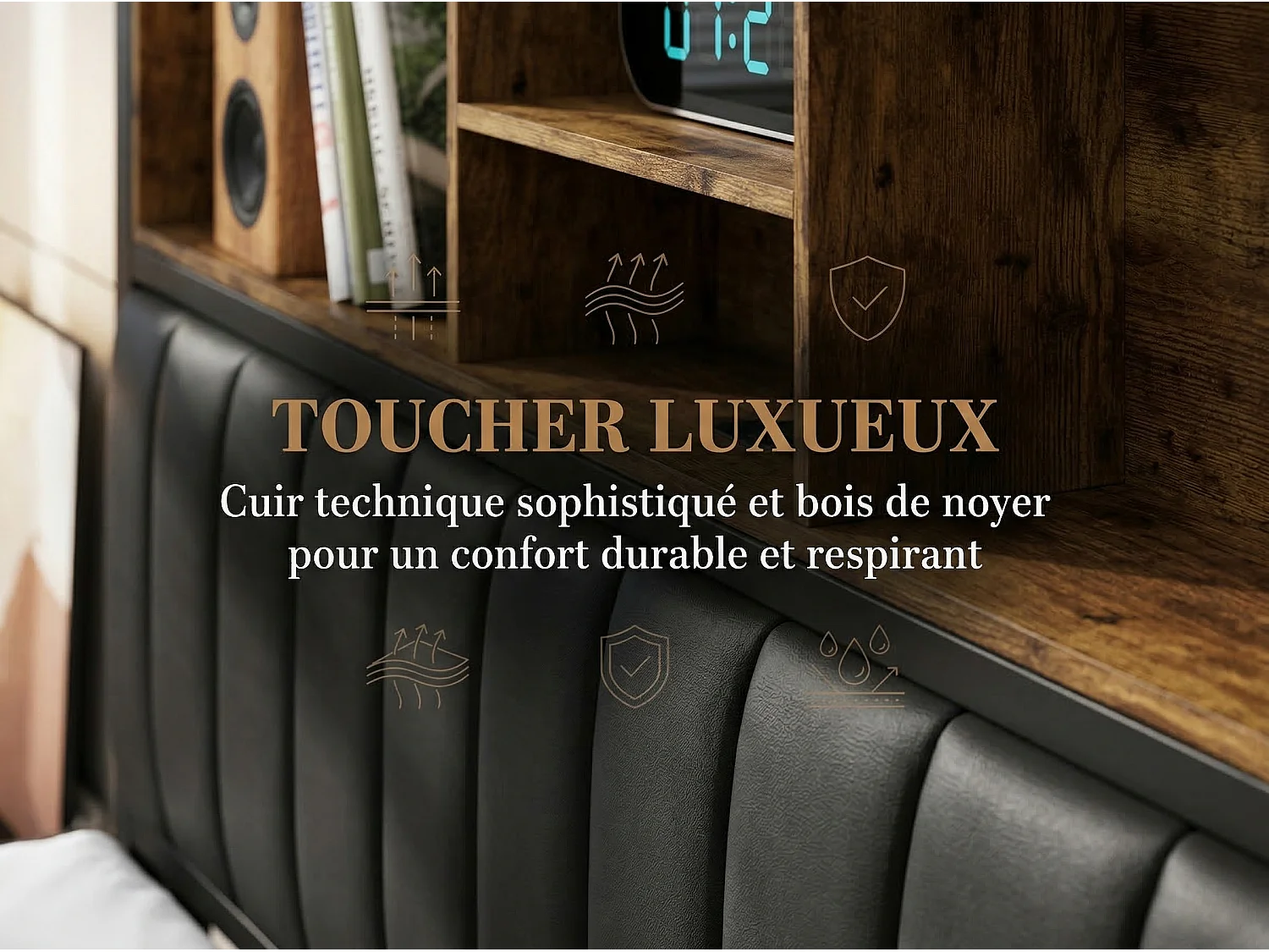 Lit coffre 140x200 cm noir, lit double avec sommier à lattes et tiroirs de rangement, tête de lit avec prise USB et étagère LED