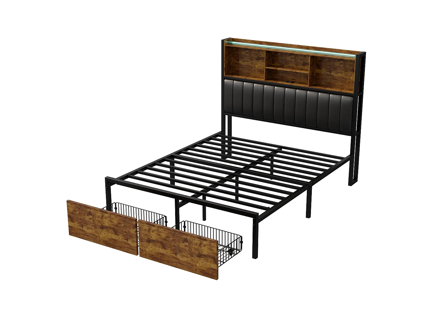 Lit coffre 140x200 cm noir, lit double avec sommier à lattes et tiroirs de rangement, tête de lit avec prise USB et étagère LED