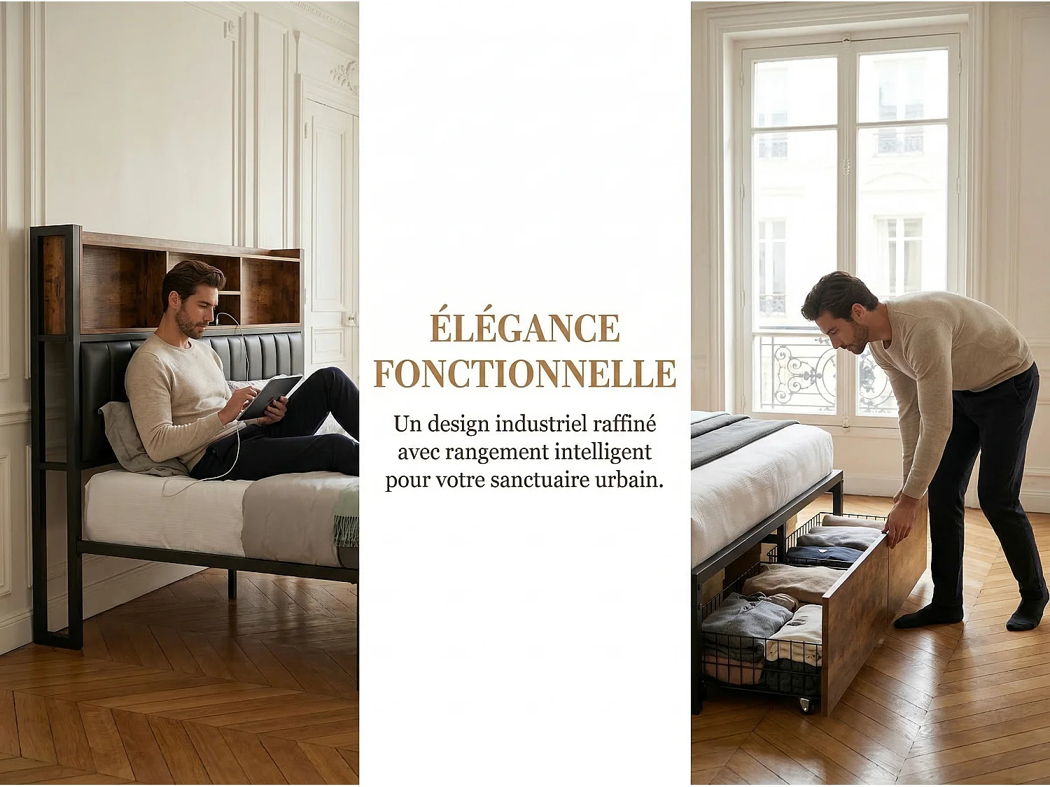 Lit coffre 140x200 cm noir, lit double avec sommier à lattes et tiroirs de rangement, tête de lit avec prise USB et étagère LED
