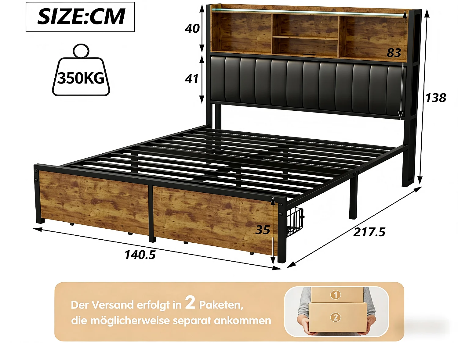 Lit coffre 140x200 cm noir, lit double avec sommier à lattes et tiroirs de rangement, tête de lit avec prise USB et étagère LED