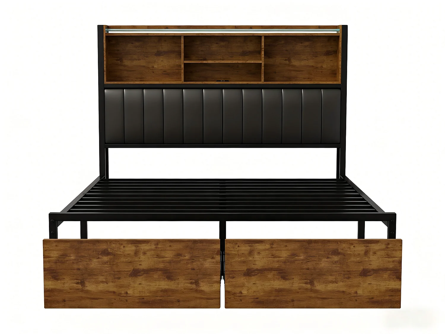 Lit coffre 140x200 cm noir, lit double avec sommier à lattes et tiroirs de rangement, tête de lit avec prise USB et étagère LED
