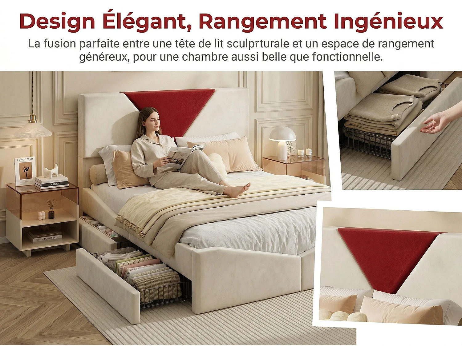 Lit coffre rembourré 140x190 cm - Rangement sous lit - Revêtement tissu - Tête de lit bicolore rembourrée - Sommier à lattes inclus