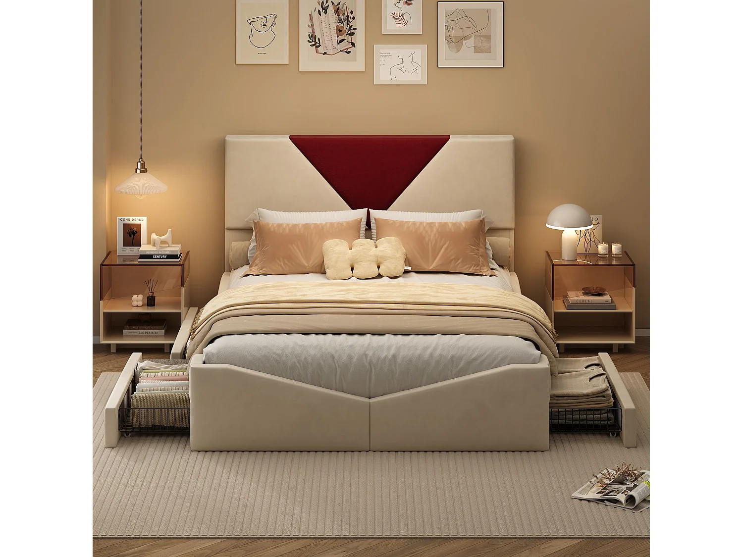 Lit coffre rembourré 140x190 cm - Rangement sous lit - Revêtement tissu - Tête de lit bicolore rembourrée - Sommier à lattes inclus