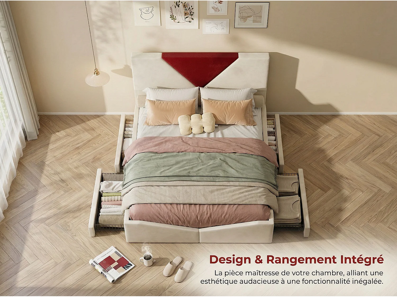 Lit coffre rembourré 140x190 cm - Rangement sous lit - Revêtement tissu - Tête de lit bicolore rembourrée - Sommier à lattes inclus